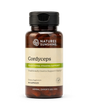 A bottle of Natures Sunshine Cordyceps dietary supplement with a black cap and a beige label, containing 10 capsules, on a white background.