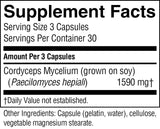 A close-up of a supplement facts label showing Cordyceps Mycelium (grown on soy), 1590 mg, with serving size 3 capsules and 30 servings per container.