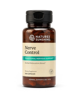 A bottle of Natures Sunshine Nerve Control herbal supplement, containing 100 capsules, on a clean white background.
