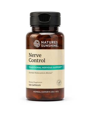 A bottle of Natures Sunshine Nerve Control herbal supplement, containing 100 capsules, on a clean white background.