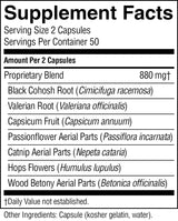 A black-and-white Supplement Facts label showing a proprietary blend of extracts including Black Cohosh Root, Valerian Root, Capsicum Fruit, Passionflower Aerial Parts, Catnip Aerial Parts, Hops Flowers, and Wood Betony Aerial Parts, with serving size 2 capsules.