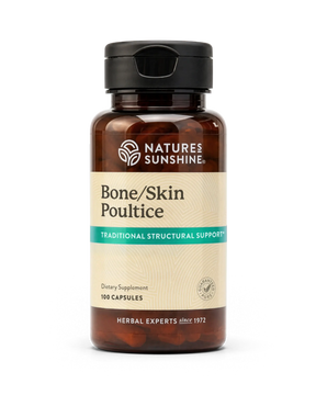 A bottle of Nature's Sunshine Bone/Skin Poultice dietary supplement, containing 100 capsules, shown on a clean white background.