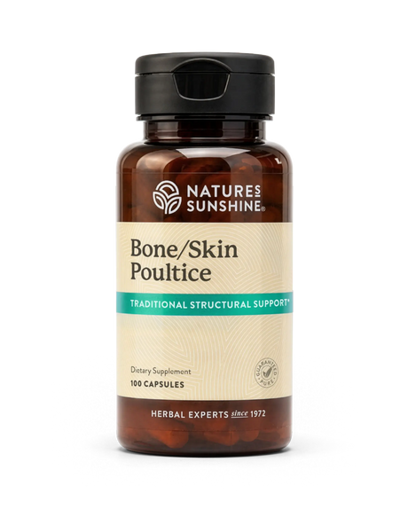 A bottle of Nature's Sunshine Bone/Skin Poultice dietary supplement, containing 100 capsules, shown on a clean white background.