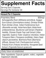 A black-and-white supplement facts label showing the Supplement Facts panel for a capsule-based herbal product. The label lists serving size 2 capsules, 50 servings per container, and a proprietary blend made from multiple herbal ingredients including Ashwagandha Root, Guggul Gum Extract, Chinese Smilax Root, Boswellia serrata, Holarrhena Bark, Skvinnuke Leaf Extract, Chaste Tree Leaf Extract, Cyperus Tuber, and Tribulus Fruit.