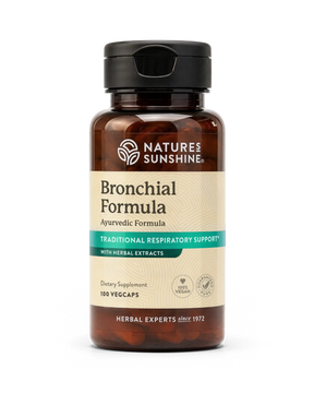 A bottle of Nature's Sunshine Bronchial Formula Ayurvedic dietary supplement, containing 100 vegcaps, shown on a clean white background.