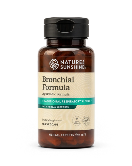 A bottle of Nature's Sunshine Bronchial Formula Ayurvedic dietary supplement, containing 100 vegcaps, shown on a clean white background.