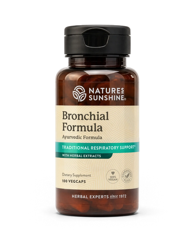 A bottle of Nature's Sunshine Bronchial Formula Ayurvedic dietary supplement, containing 100 vegcaps, shown on a clean white background.