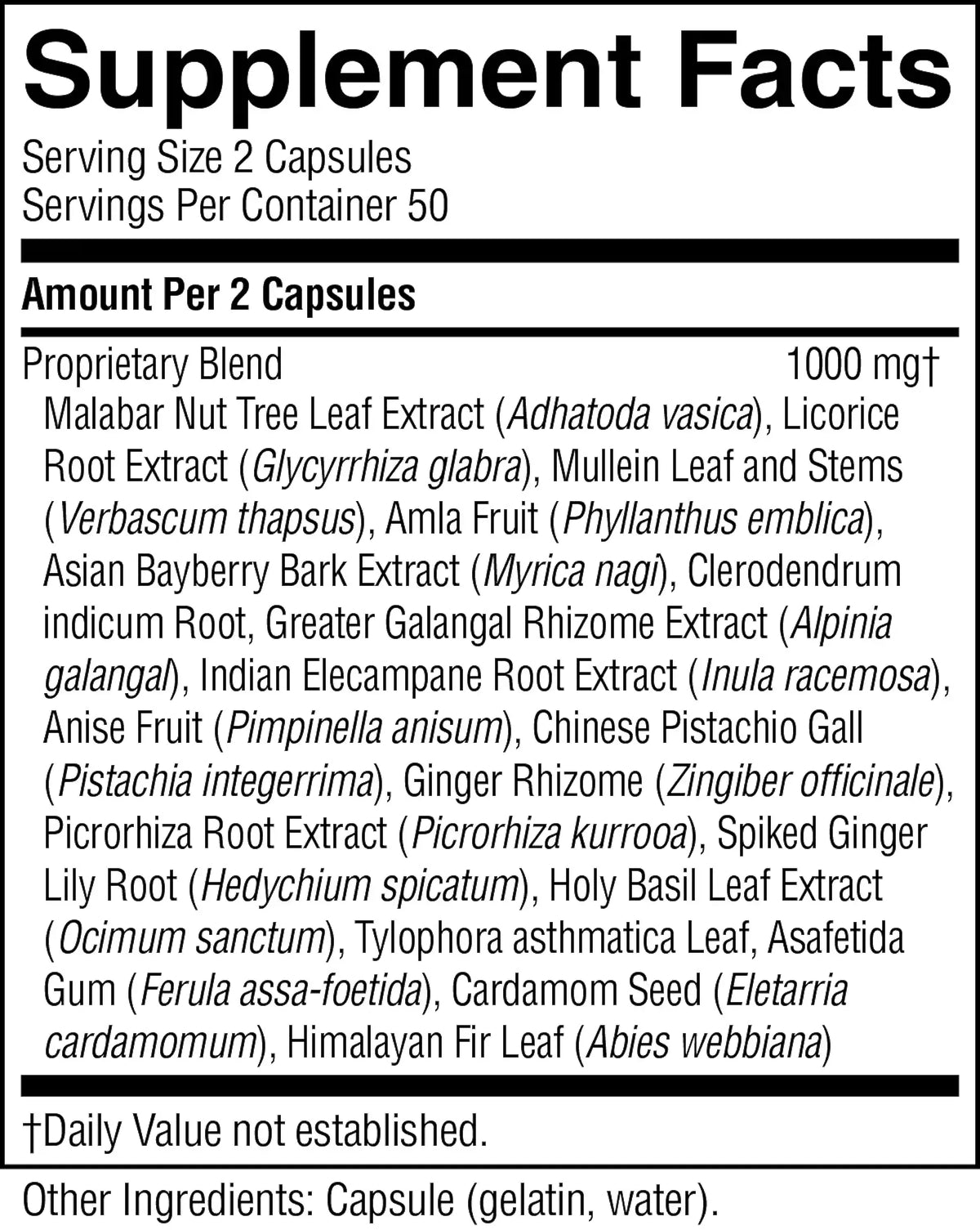 A close-up of a supplement facts label reading 'Supplement Facts' with serving size 2 capsules, per container 50, and a list of ingredients including Proprietary Blend and extracts such as Malabar Nut Tree Leaf Extract, Licorice Root Extract, Mullen Leaf and Stems, and Amla Fruit.