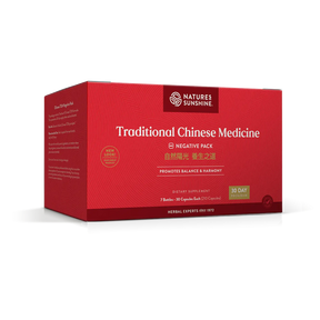 A red rectangular box of Nature's Sunshine Traditional Chinese Medicine Negative Pack capsules, shown at a three-quarter angle on a white background.