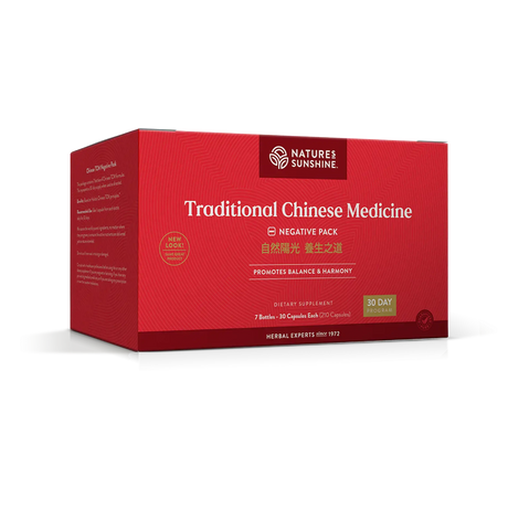 A red rectangular box of Nature's Sunshine Traditional Chinese Medicine Negative Pack capsules, shown at a three-quarter angle on a white background.