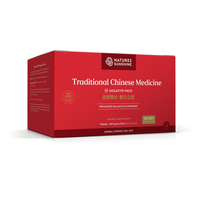 A red rectangular box of Nature's Sunshine Traditional Chinese Medicine Negative Pack capsules, shown at a three-quarter angle on a white background.