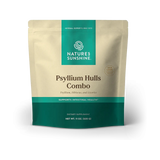 Natures Sunshine Psyllium Hulls Combo dietary supplement in a 11 oz stand-up pouch. The packaging features a textured beige background with a teal green top and bottom band, and dark brown text.