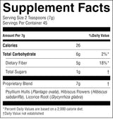 A black and white Supplement Facts label showing serving size 2 teaspoons (7g), 45 servings per container, with calories, total carbohydrate, dietary fiber, sugars, and a list of ingredients including Psyllium Hulls, Hibiscus Flowers, and Licorice Root.