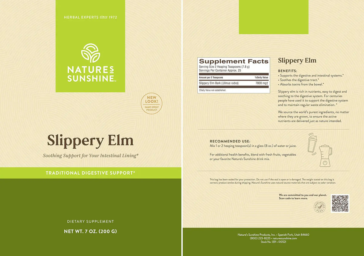Front and back packaging of Nature's Sunshine Slippery Elm dietary supplement, showing the beige package design with green blocks, product name, supplement facts panel, and usage information.