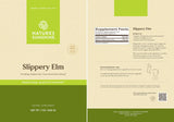 Front and back packaging of Nature's Sunshine Slippery Elm dietary supplement, showing the beige package design with green blocks, product name, supplement facts panel, and usage information.