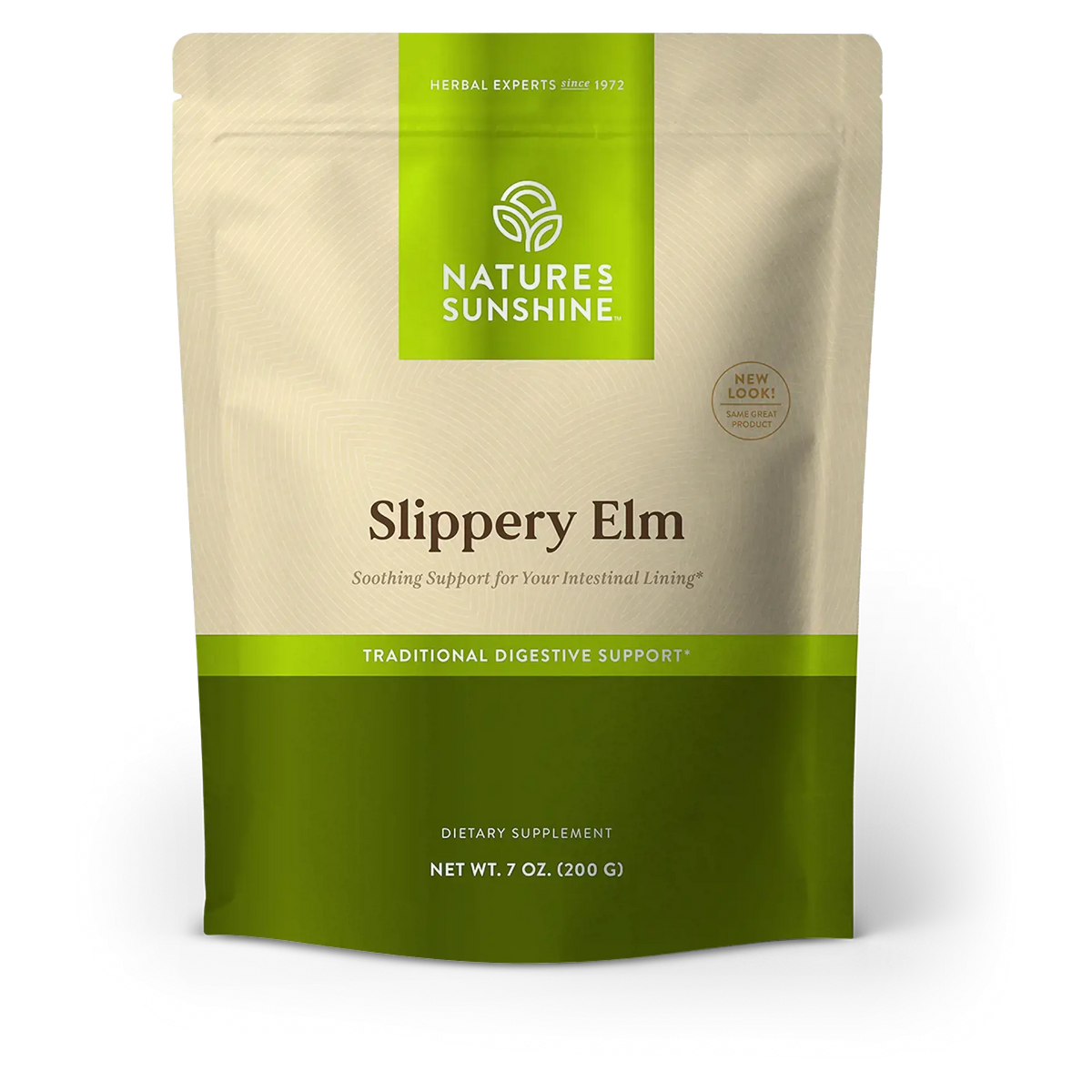 Nature's Sunshine Slippery Elm dietary supplement in a 7 oz stand-up pouch. The pouch is beige on the top half with a bright green label at the top and a darker green band at the bottom.