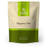 Nature's Sunshine Slippery Elm dietary supplement in a 7 oz stand-up pouch. The pouch is beige on the top half with a bright green label at the top and a darker green band at the bottom.