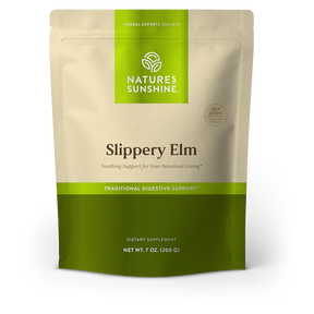 Nature's Sunshine Slippery Elm dietary supplement in a 7 oz stand-up pouch. The pouch is beige on the top half with a bright green label at the top and a darker green band at the bottom.