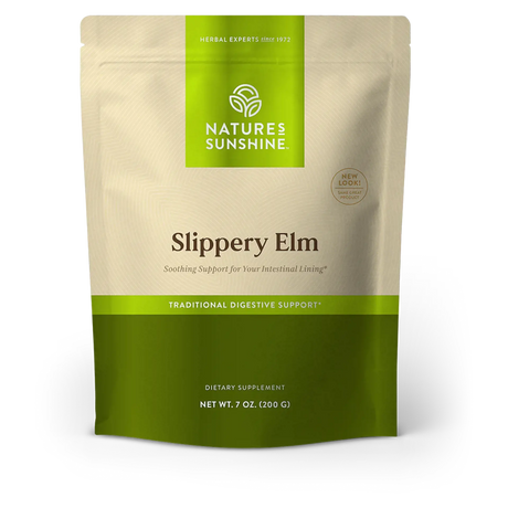 Nature's Sunshine Slippery Elm dietary supplement in a 7 oz stand-up pouch. The pouch is beige on the top half with a bright green label at the top and a darker green band at the bottom.