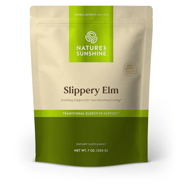 Nature's Sunshine Slippery Elm dietary supplement in a 7 oz stand-up pouch. The pouch is beige on the top half with a bright green label at the top and a darker green band at the bottom.