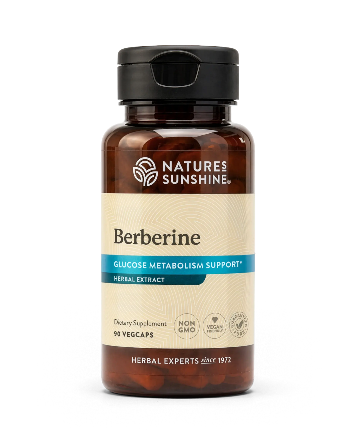 Nature's Sunshine Berberine Glucose Metabolism Support herbal extract supplement in an amber glass bottle with a black cap and cream label.