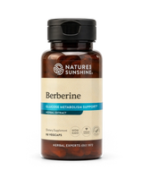Nature's Sunshine Berberine Glucose Metabolism Support herbal extract supplement in an amber glass bottle with a black cap and cream label.