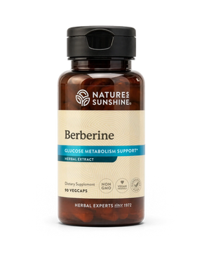 Nature's Sunshine Berberine Glucose Metabolism Support herbal extract supplement in an amber glass bottle with a black cap and cream label.