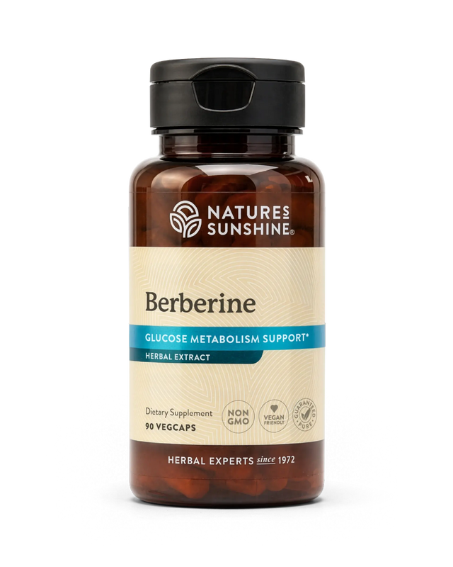 Nature's Sunshine Berberine Glucose Metabolism Support herbal extract supplement in an amber glass bottle with a black cap and cream label.