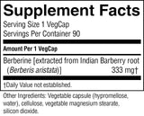 A close-up of a supplement facts label for VegCap, showing serving size 1 VegCap, 90 servings per container, and Berberine 333 mg extracted from Indian Barberry root (Berberis aristata).