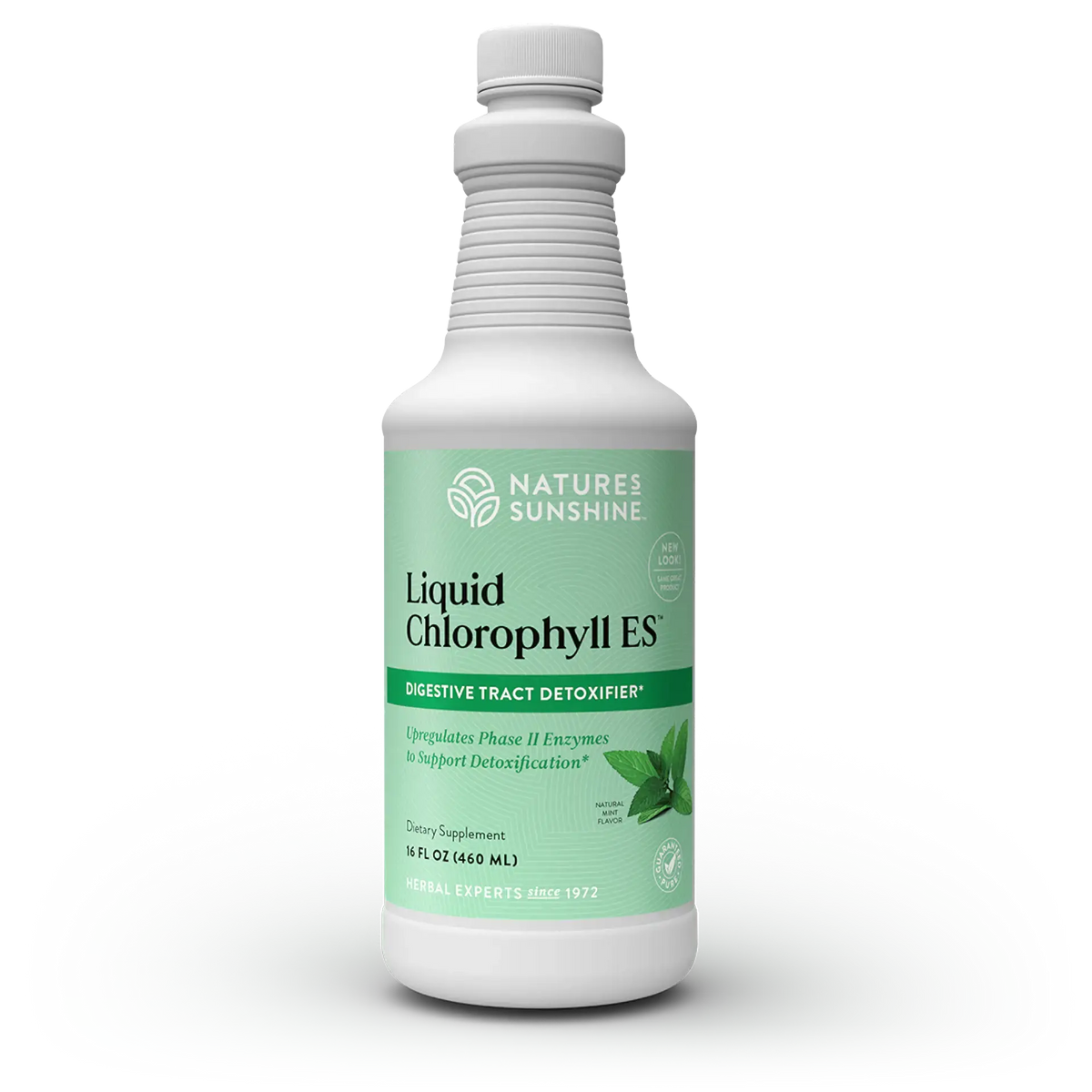 A white plastic bottle of Nature's Sunshine Liquid Chlorophyll ES dietary supplement with a light green label, shown on a clean white background.