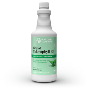A white plastic bottle of Nature's Sunshine Liquid Chlorophyll ES dietary supplement with a light green label, shown on a clean white background.