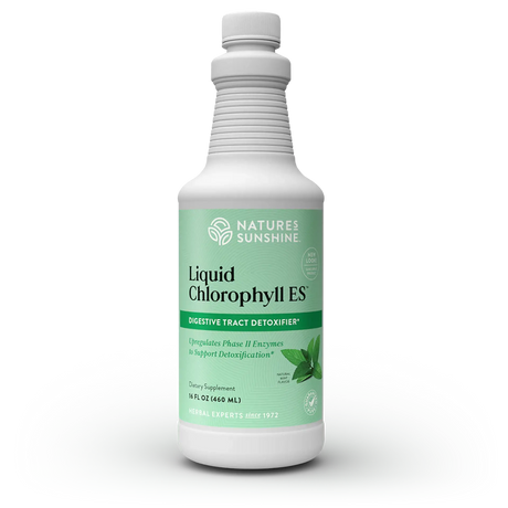 A white plastic bottle of Nature's Sunshine Liquid Chlorophyll ES dietary supplement with a light green label, shown on a clean white background.