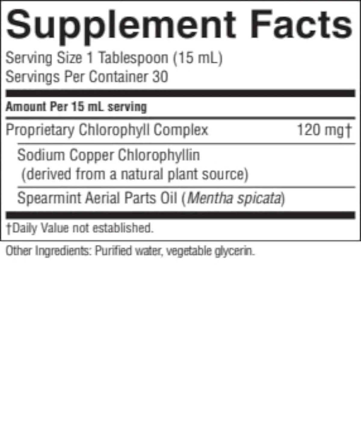 A close-up of a supplement facts label showing the Supplement Facts panel for a chlorophyll-based product. The label lists serving size as 1 tablespoon (15 mL), servings per container as 30, and lists ingredients including Proprietary Chlorophyll Complex at 120 mg, Sodium Copper Chlorophyllin, and Spearmint Aerial Parts Oil (Mentha spicata).