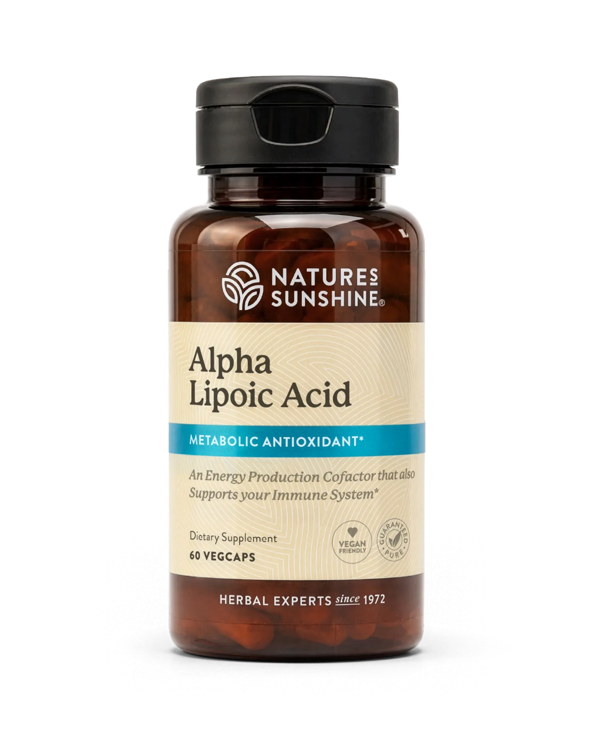 A bottle of Nature's Sunshine Alpha Lipoic Acid dietary supplement, featuring amber brown plastic, a black cap, and a beige label with blue accents, set against a plain white background.