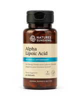 A bottle of Nature's Sunshine Alpha Lipoic Acid dietary supplement, featuring amber brown plastic, a black cap, and a beige label with blue accents, set against a plain white background.