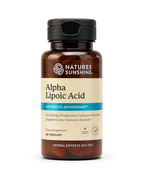 A bottle of Nature's Sunshine Alpha Lipoic Acid dietary supplement, featuring amber brown plastic, a black cap, and a beige label with blue accents, set against a plain white background.