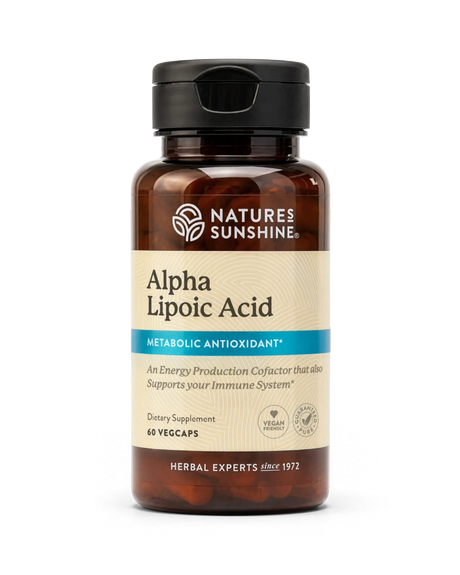 A bottle of Nature's Sunshine Alpha Lipoic Acid dietary supplement, featuring amber brown plastic, a black cap, and a beige label with blue accents, set against a plain white background.