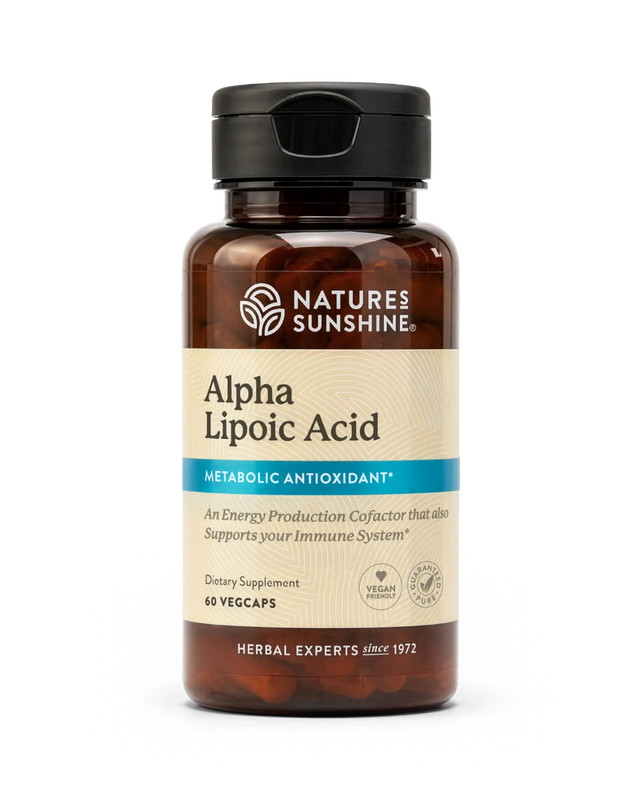 A bottle of Nature's Sunshine Alpha Lipoic Acid dietary supplement, featuring amber brown plastic, a black cap, and a beige label with blue accents, set against a plain white background.