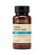 A bottle of Nature's Sunshine Alpha Lipoic Acid dietary supplement, featuring amber brown plastic, a black cap, and a beige label with blue accents, set against a plain white background.