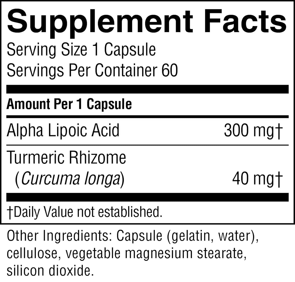 A Supplement Facts label showing Alpha Lipoic Acid 300 mg and Turmeric Rhizome (Curcuma longa) 40 mg per capsule, with serving size 1 capsule and 60 servings per container.