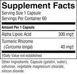 A Supplement Facts label showing Alpha Lipoic Acid 300 mg and Turmeric Rhizome (Curcuma longa) 40 mg per capsule, with serving size 1 capsule and 60 servings per container.