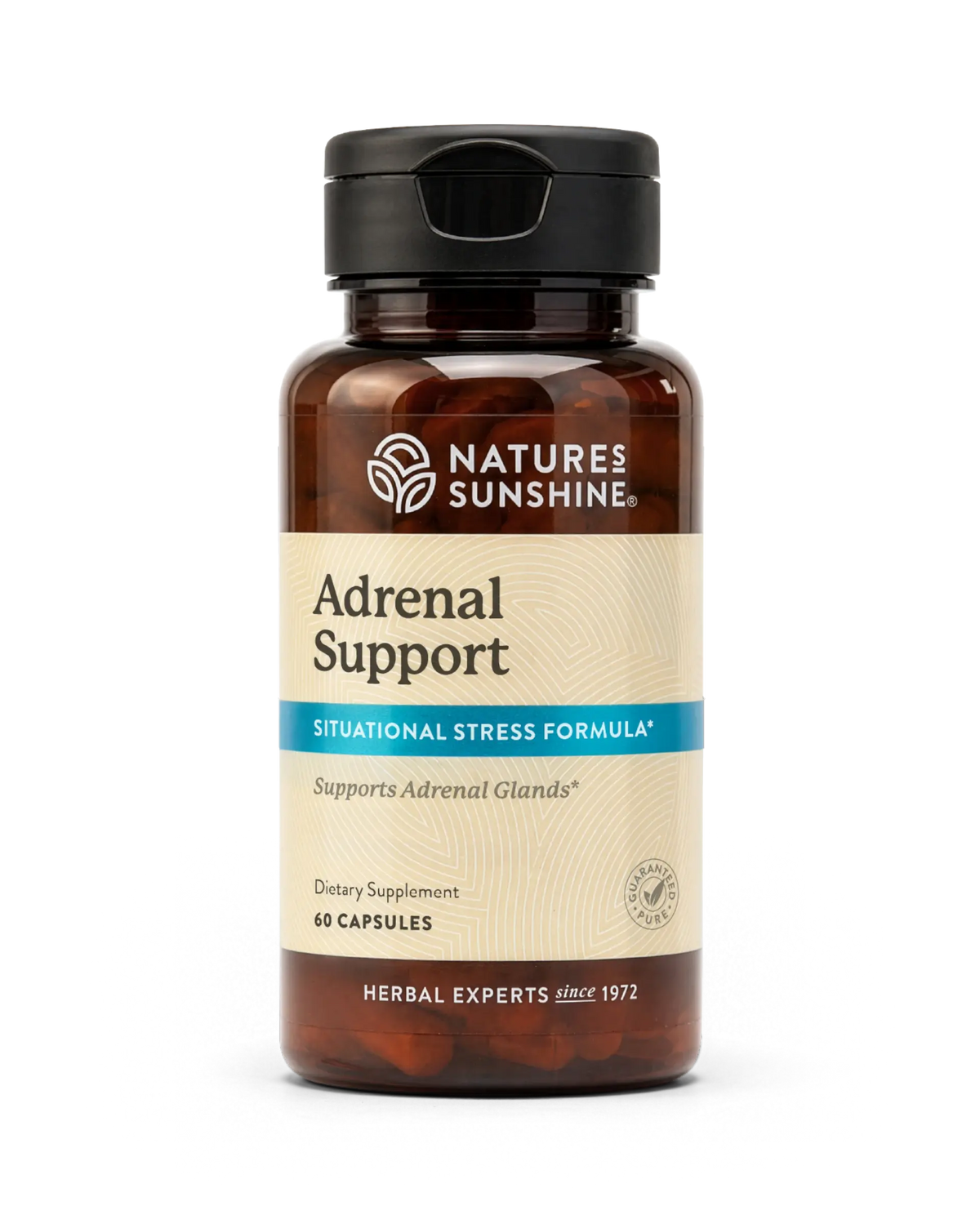 Nature's Sunshine Adrenal Support dietary supplement bottle with a black cap and amber-brown container, shown on a white background.