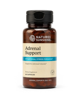 Nature's Sunshine Adrenal Support dietary supplement bottle with a black cap and amber-brown container, shown on a white background.