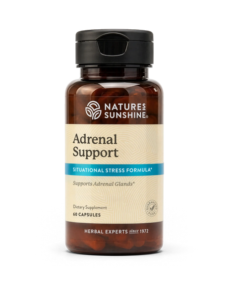 Nature's Sunshine Adrenal Support dietary supplement bottle with a black cap and amber-brown container, shown on a white background.