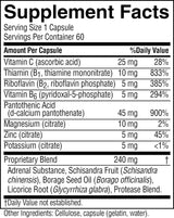 A black-and-white Supplement Facts label showing daily value information for a capsule product, including Vitamin C, Thiamin, Riboflavin, Vitamin B6, Pantothenic Acid, Magnesium, Zinc, Potassium, and Proprietary Blend.