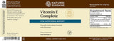 Natures Sunshine Vitamin E Complete dietary supplement bottle label, showing product details, supplement facts, and a barcode on a dark brown and beige background.