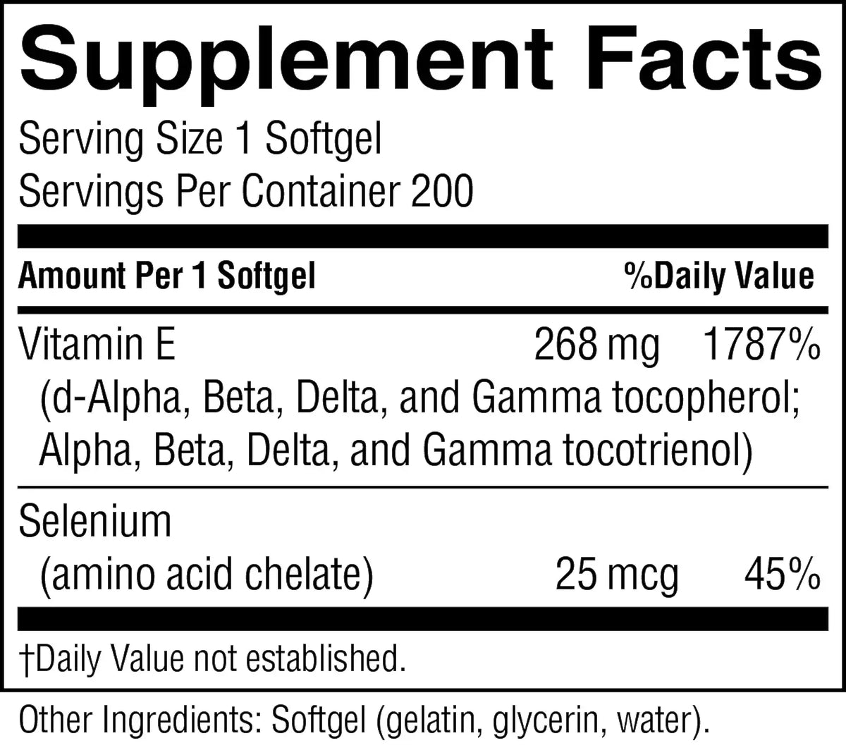 A close-up of a supplement facts label showing serving size 1 softgel, servings per container 200, with listed nutrients including Vitamin E 268 mg (1787% daily value) and Selenium 25 mcg (45% daily value).