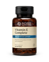 A bottle of Nature's Sunshine Vitamin E Complete dietary supplement, containing 200 softgels, shown on a clean white background.