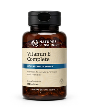 A bottle of Nature's Sunshine Vitamin E Complete dietary supplement, containing 200 softgels, shown on a clean white background.