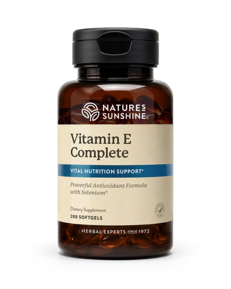 A bottle of Nature's Sunshine Vitamin E Complete dietary supplement, containing 200 softgels, shown on a clean white background.
